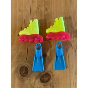 Vintage Barbie Roller Skates and Scuba Flippers. Neon Skates. Yellow,Pink Blue